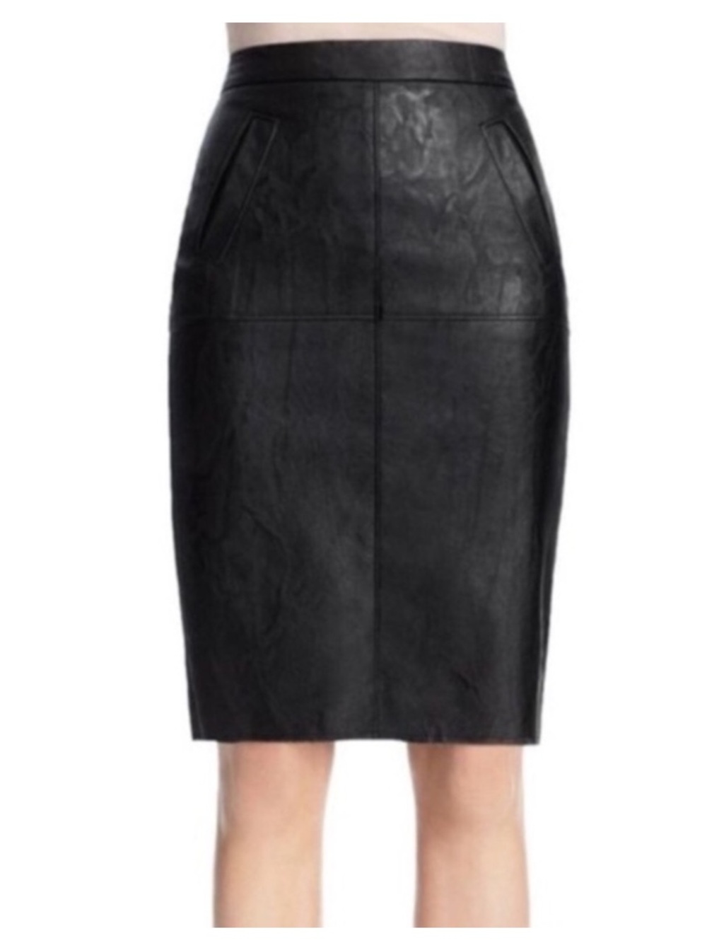 Cabi Faux Leather Black Pencil MIDI Skirt w/ Pockets Size 4